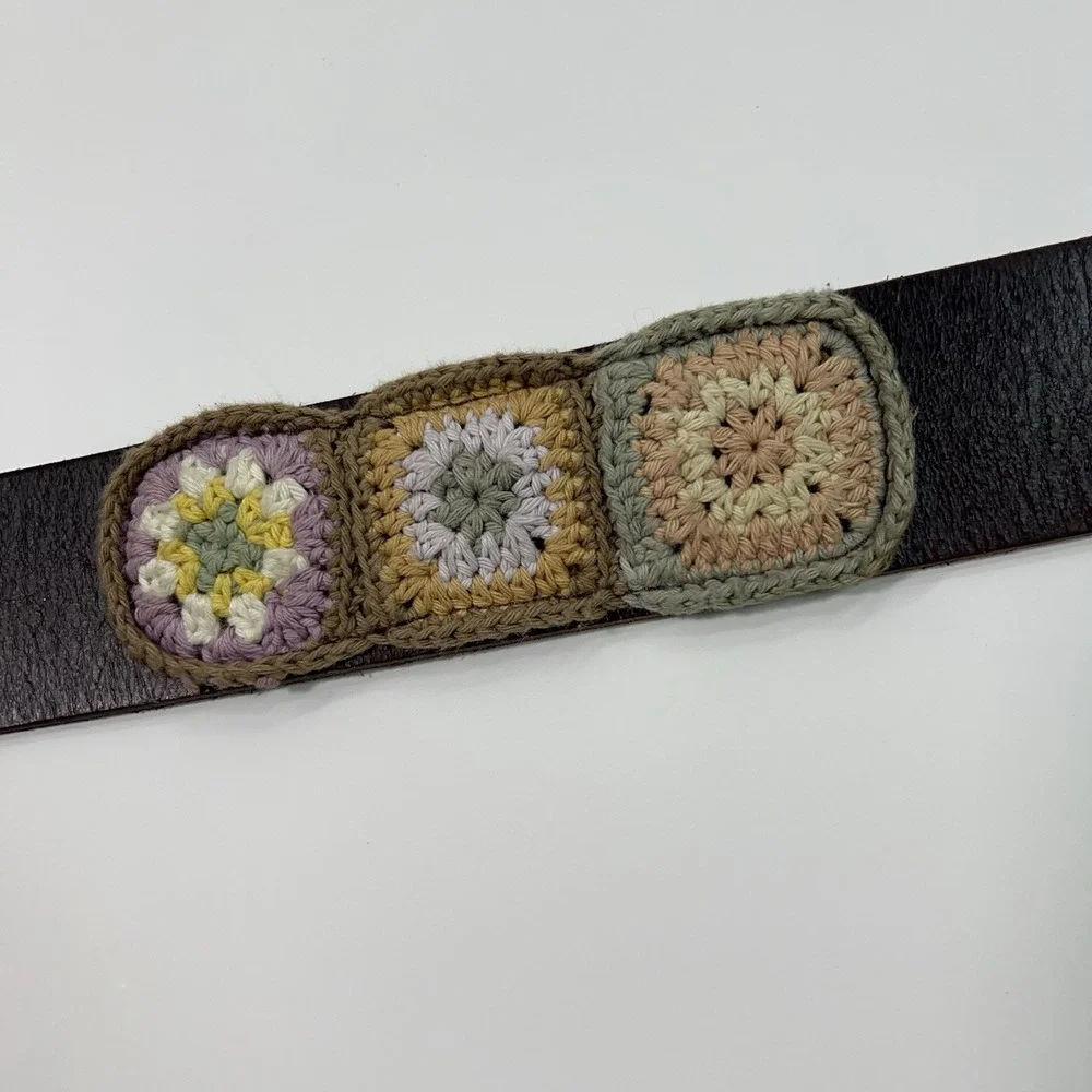 ELISE‎ M Genuine Leather Brass Buckle Belt Crochet Squares Pastel Size S/M 40
